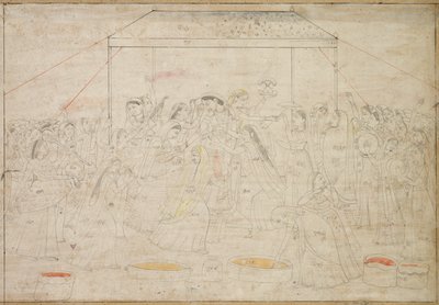 Hindujumala Krishna on pukeutunut naisten vaatteisiin kevätjuhlaholia varten tekijältä Unknown artist