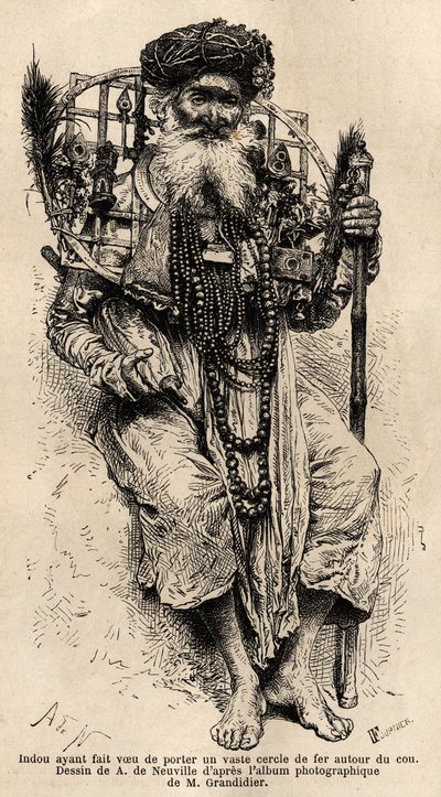 Hindu lupasi käyttää suurta rautarengasta kaulassaan. Alfred Grandidierin kaiverrus havainnollistamaan matkaa Intian meridionaalisissa provinsseissa vuosina 1862-1864, julkaistiin "" le tour du monde" -julkaisussa, johtajana D