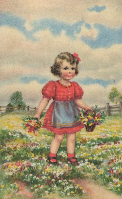 Historiallinen postikortti iloisella tytöllä niityllä, onnittelukortti tekijältä Unknown artist
