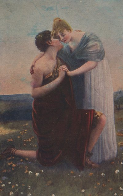 Historiallinen onnittelukortti, jossa on historiallinen aihe, nainen ja keskiajan soturi tekijältä Unknown artist