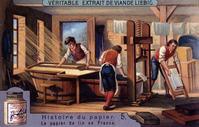Paperin historia. 5. Pellavapaperi Ranskassa. Liebig-kromolitografia tekijältä Unknown artist
