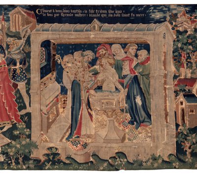 Saint Piatin ja Saint Eleuthèren historia, kohtaus 13: Blandan kaste (Kuinka hyvät pyhät kastoivat tytärtribuunin, joka keräsi varoja erittäin suurella mysteerillä: Blande, joka oli hyvän pyhimyksen äiti). tekijältä Unknown artist