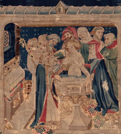 Saint Piatin ja Saint Eleuthèren historia, kohtaus 13: Blandan kaste (Kuinka hyvät pyhät kastoivat tytärtribuunin, joka keräsi varoja erittäin suurella mysteerillä: Blande, joka oli hyvän pyhimyksen äiti). Yksityiskohta. tekijältä Unknown artist