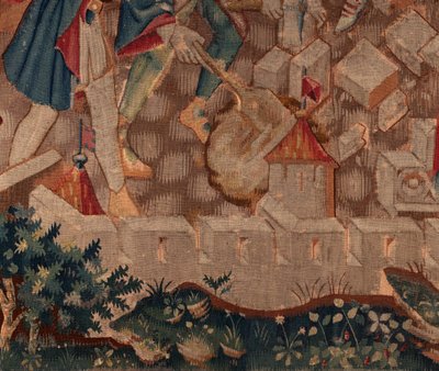 Saint Piatin ja Saint Eleuthèren historia, kohtaus 5 Yksityiskohta vasemmalla alla. Kaupungin muurit ja pensaat. tekijältä Unknown artist