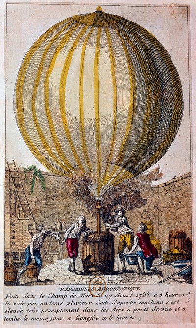 Ilmapallojen historia: Pariisin Champ de Marsilla 27.8.1783 suoritettu aerostaattinen kokemus: Jacques Charles (1746-1823) täyttää ilmapallon vetykaasulla. Kaiverrus 1700-luvun Pariisista, B.N. tekijältä Unknown artist