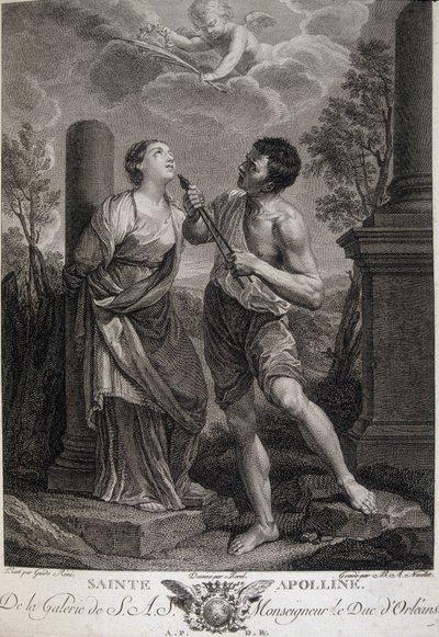 Pyhä Appoline rikkoo hampaansa vainojen aikana, koska hän kieltäytyi osoittamasta kunnioitusta roomalaisille jumalille. Kaiverrus 1600-luvulta. tekijältä Unknown artist