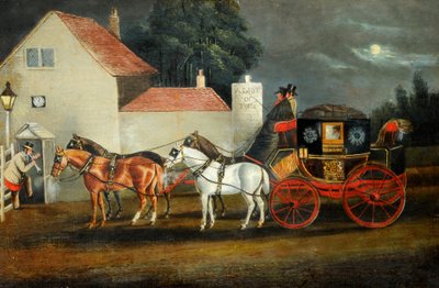 Hullin ja Lontoon kuninkaallinen postivaunu, noin 1860 (öljy kankaalle). tekijältä Unknown artist