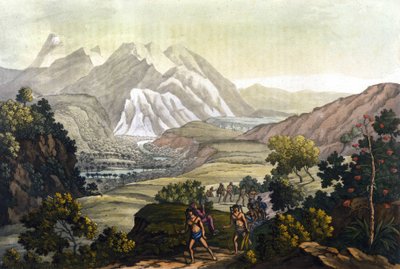 Humboldt ja Bonpland ylittävät Quindiu-vuoren kantotuoleilla. Alexander Von Humboldtin matkalta Andeille (Alexandre de Humboldt tekijältä Unknown artist