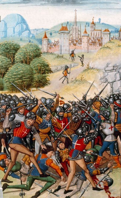 Satavuotinen sota: Pontvallainin taistelu ranskan ja englannin välillä 12.4.1370” Pienoiskuva Jean Froissartin (1337-1400) 1400-luvun Pariisin ”Kroonikista”. B.N. tekijältä Unknown artist