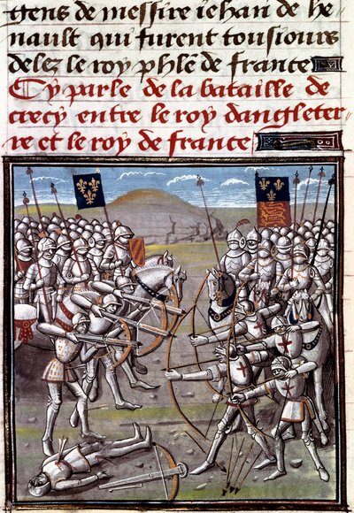 Satavuotinen sota: Crecyn taistelu 26.8.1346 ranskalaisten ja englantilaisten välillä. Miniatyyri Jean Froissartin (1337-1400) kronikoista tekijältä Unknown artist