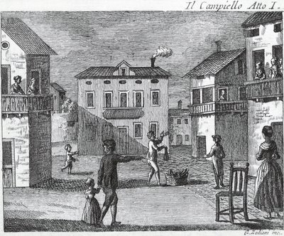 Il Campiello Act I - Carlo Goldoni (1707-1793) - Kaiverrus 1700-luvulta tekijältä Unknown artist