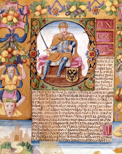 Valaistu muotokuva keisari Kaarle V:stä (1500 - 1558). Yksityiskohta "" toimeenpanijasta"" tekijältä Unknown artist