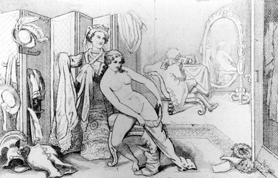 Kuvitus Casanovasta ja alastomasta naisesta - Casanovan "Elämäni historiassa". Bryssel 1872. tekijältä Unknown artist