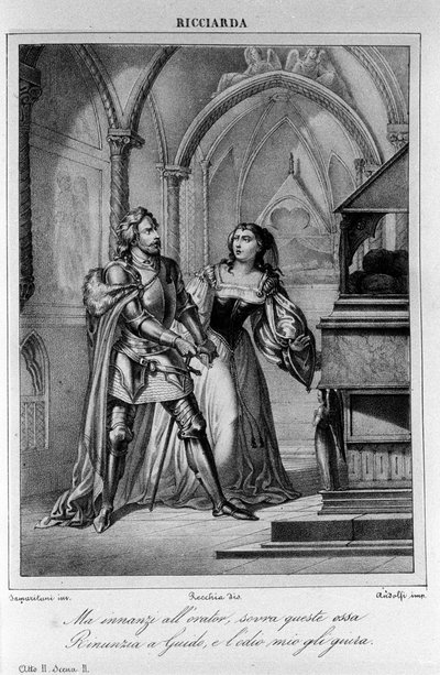 Kuvitus italialaisen runoilijan ja näytelmäkirjailija Ugo Foscolon (1778-1827) "Ricciardan" II näytöksen 2 kohtaukseen 1800-luku tekijältä Unknown artist
