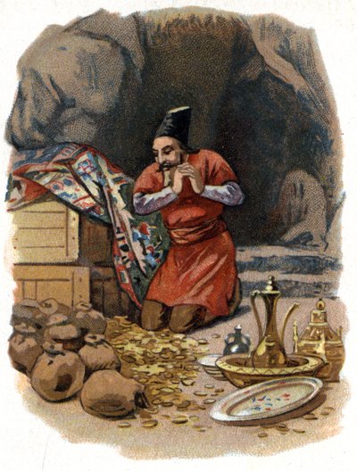 Kuvitus Tuhannen ja yhden yön tarinoihin. Ali Baba (Ali-Baba) astuu kallioon sanoen: Seesami avaa sinut ja näkee kultatynnyreitä. Kromolitografia noin 1890. tekijältä Unknown artist