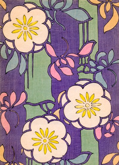 Kuva kukkakukista laventeli- ja vihreällä taustalla tekijältä Unknown artist