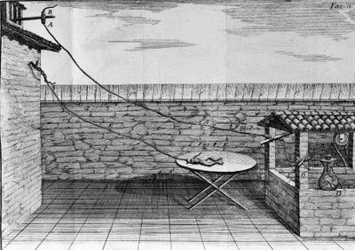 Kuva italialaisen fyysikon ja lääkärin (1737 - 1798) Luigi Galvanin kokeista, jotka selittävät sammakon jalkoja liikuttavan sähkövirran kulkua. tekijältä Unknown artist