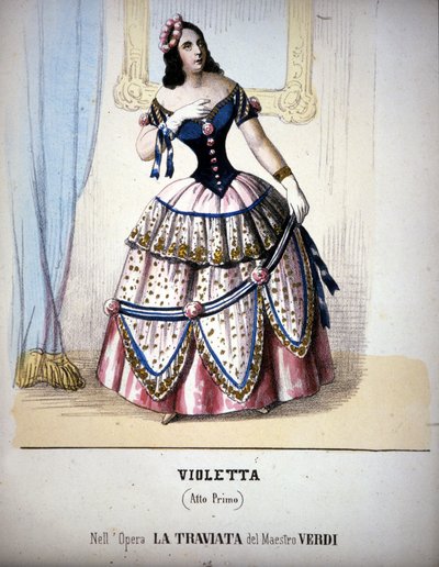 Kuva Violetta Valéryn hahmosta Giuseppe Verdin Traviatassa. Kaiverrus 1800-luvulta. tekijältä Unknown artist