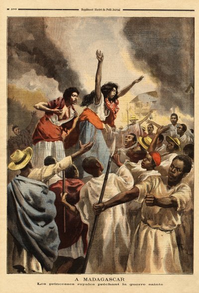 Madagaskarilla kuninkaallinen prinsessa (kuningattaren sisko ja täti) saarnaa pyhää sotaa Ranskaa vastaan. Kaiverrus "" Le petit Journal" -lehdessä 9/09/1894. Selvan kokoelma. tekijältä Unknown artist