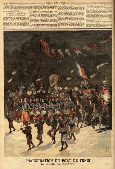 Tunisin sataman avajaiset Ranskan ministerien Raymond Poincaren (1860-1934) ja Eugene Guerinin (1849-1929) läsnä ollessa. Kaiverrus "" Le petit Journal" -lehdessä 10.6.1893. Selvan kokoelma. tekijältä Unknown artist
