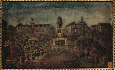Ludvig XIV:n patsaan vihkiminen käyttöön, Place des Victoires, nykyiset 1. ja 2. kaupunginosa, 28. maaliskuuta. tekijältä Unknown artist