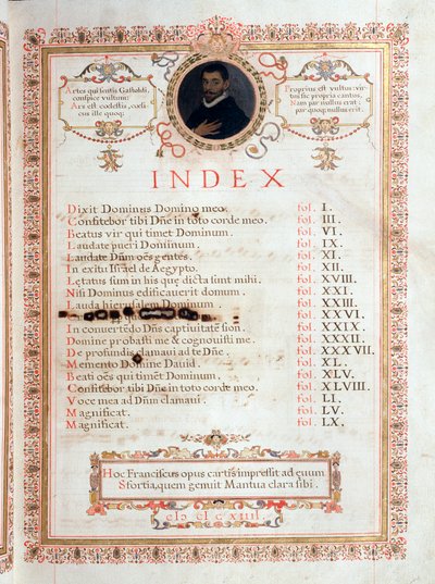 Hakemistosivu, jossa on muotokuva Giovanni Giacomo Gastoldista tekijältä Unknown artist