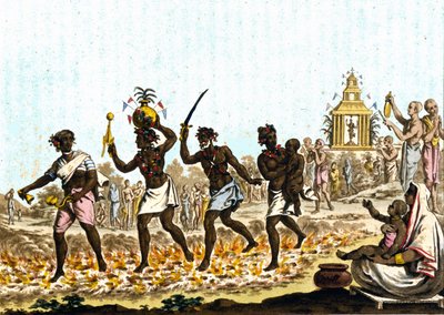 Intia. Fakiirit kävelemässä hehkuvilla hiilillä. 1800-luvun kaiverrus. tekijältä Unknown artist
