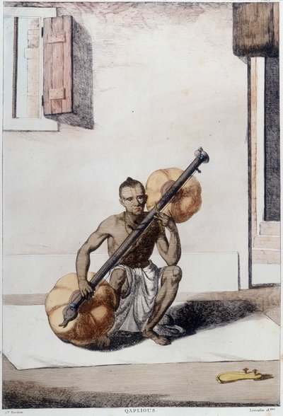 Intialainen kulttuuri, sivilisaatio ja yhteiskunta: muusikko perinteisellä intialaisella kielisoittimella. Kaiverrus vuodelta 1808. tekijältä Unknown artist