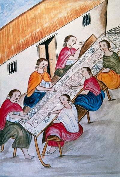 Intialaiset työntekijät ompelemassa Baltazar Martinez Companionin ja Trujillon piispan (1782-1785) Bujandan kirjasta "Trujillo of Peru" tai "Codex Martinez Companion" tekijältä Unknown artist