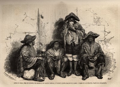 Cuzcon (Peru) intiaanit, mantan vetukset, sandaalit ja perinteinen sombrero, työllistyivät Chinchasaarten guanoesiintymien hyväksikäyttöön, juovat shishaa, mutta fermentoitua brandya. Les iles Chincha havainnollistava kaiverrus, rekt L.Simo tekijältä Unknown artist