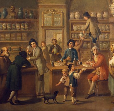 Apteekin sisustus, tuntemattoman taiteilijan maalaus tekijältä Unknown artist