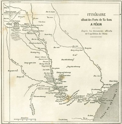 Reitti Hai He -jokea pitkin lähellä Tien Tsiniä (Tien-Tsin, Tianjin) Pekiniin (Peking), Kiinaan. Kartta, julkaisussa "" Le Tour du Monde, New Journal of Travels ", toimittanut Edouard Charton, Paris tekijältä Unknown artist