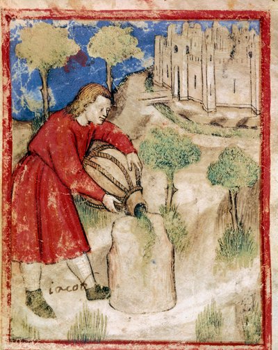 Jaakob kaatoi öljyä kiveen, joka oli toiminut hänelle pienoistyynynä koodista 212 (tai padovano-koodista tai Padovan Raamatusta) 1390-1400 Rovigo, Accademia dei Concordi tekijältä Unknown artist