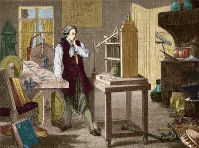 James Watt tutkii Newcomen-koneen (1767) (höyrykoneen) täydellistämistä - "" Album of Sciencessa; maineikkaat tiedemiehet; Suuria löytöjä””” 1896. tekijältä Unknown artist
