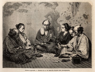 Japanilaiset pelaajat korttien keskellä. Kaiverrus Japania havainnollistava, Sveitsin valaliiton ministerin Aime Humbertin matkakertomus vuosina 1863-1864, julkaistu "Le tour du monde, nouveau journal des voyages" -lehdessä Edouard Chartonin johdolla. tekijältä Unknown artist