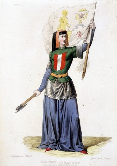 Jeanne Laisné, joka tunnetaan nimellä Jeanne Fourquet, lempinimeltään Jeanne Hachette, ranskalainen sankaritar (1456-?). kaiverrus vuodelta 1835 tekijältä Unknown artist