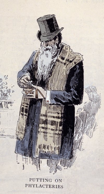 Juutalainen uskonto: vanha juutalainen mies, jolla on rukouskalkki (Talit tai Tzitzit), kaiverrus vuodelta 1890 tekijältä Unknown artist