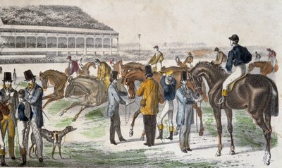 Jockeyt ja heidän hevosensa ennen kilpailua - kaiverrus, c. 1850 tekijältä Unknown artist