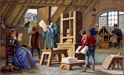 Johannes Gensfleisch Gutenberg (1400-1468), painokoneen keksijä (1438). kromolitografia 1800-luvulta. tekijältä Unknown artist