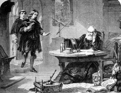 John Milton, englantilainen runoilija ja esseisti (1608 - 1674) vieraili Galileo Galilein (Galileo) (1564 - 1642) luona Firenzen inkvisition sellissä. Kaiverrus. 1860 noin tekijältä Unknown artist