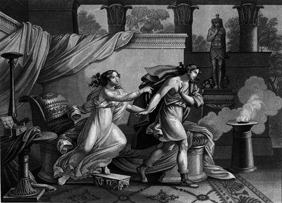 Joosef pakenemassa Putifarin (Potifarin) vaimoa yrittääkseen vietellä 1800-luvun litografiaa tekijältä Unknown artist