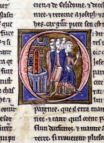 Joosef Arimatialainen (Arimathee) ja hänen jatko-osa. Käsikirjoitus: Pyhän Graalin valloitus, kirjoitettu 717 vuotta herramme intohimosta. Bibliotheque Municipale de Rennes, ms. 255 (Pyöreän pöydän romaanien kokoelma); Pariisi tekijältä Unknown artist