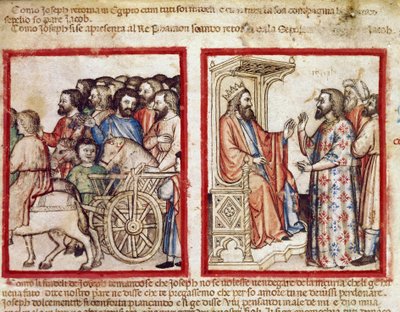 Joosef vasemmalla isänsä hautajaisiin, hän seuraa faraon miniatyyriä koodista 212 (tai padovano-koodeksista tai Padovan Raamatusta) 1390-1400 Rovigo, Accademia dei Concordi tekijältä Unknown artist