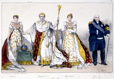 Josephine, Napoleon 1er, Marie Louise ja Louis XVIII - elokuvassa "La Monarchie francaise en estampes" tekijältä Unknown artist