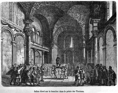 Julien (Flavius Claudius Julianus 331 - 363) nostettiin kilpeen Thermal Palacessa - Histoire de Francessa Henri Martin, sd. 1800-luvulla tekijältä Unknown artist