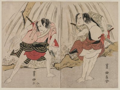 Kataoka Nizaemon VII ja Ichikawa Yaozo III yhteenotossa vesiputouksen vieressä tekijältä Unknown artist