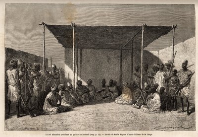 Kuningas Ahmadou johtaa Toucouleur-imperiumin neuvostoa tai palatsia Segou Sikorossa (Mali), viisaat miehet istuvat ja soturit asettuvat, kuningas pitää muslimirukousta käsissään. Kaiverrus havainnollistamaan luutnantti (laivaston) M:n matkaa Länsi-Sudanii tekijältä Unknown artist