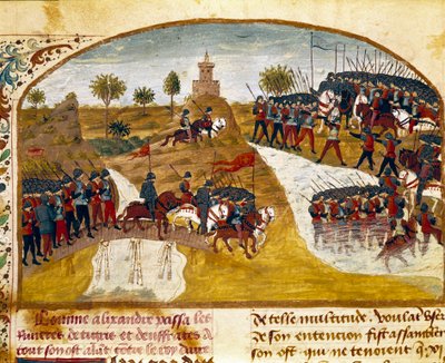 Kuningas Aleksanteri Suuri (356-323 eKr.) ja hänen armeijansa ohittavat Tiikerin ja pienois-Eufratin Quintus Curtius Rufuksen (Quinte Curce) (1. vuosisadan) "" Aleksanteri Suuren tosiasioiden kirjasta" (1. vuosisata), noin 1468. (Ms. 1335) Reims. Kaupungin tekijältä Unknown artist