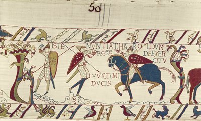 Kuningas Haroldin sanansaattaja antaa hänelle uutisia herttua Williamin armeijasta, Bayeux Tapestry (villakirjonta pellavalle) tekijältä Unknown artist