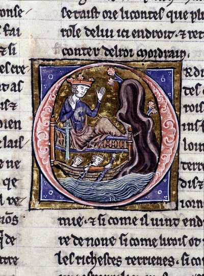 Kuningas Modreius. Käsikirjoitus: Saint Gréalin valloitus, kirjoitettu 717 vuotta herramme intohimosta. Bibliotheque Municipale de Rennes, ms. 255 (Pyöreän pöydän romaanien kokoelma); Pariisi tekijältä Unknown artist